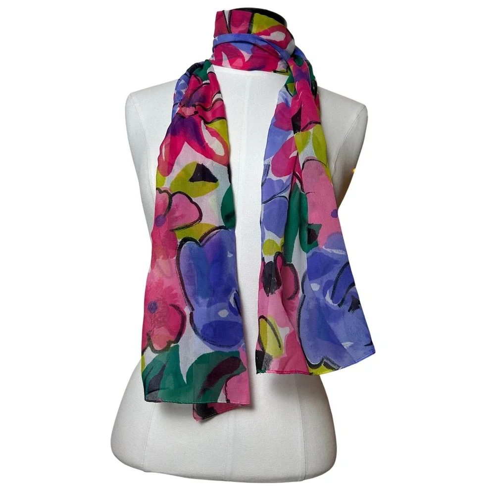 Vibrant Floral Print Lightweight Sheer Scarf Multicolor Elegant Retro Spring